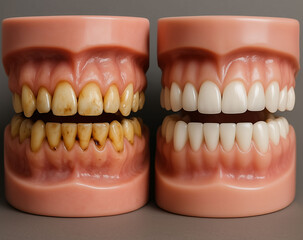 Obraz premium Comparison of good healthy teeth and bad damaged teeth with visible cavity decay discoloration and gum problems for dental education hygiene prevention and oral health awareness