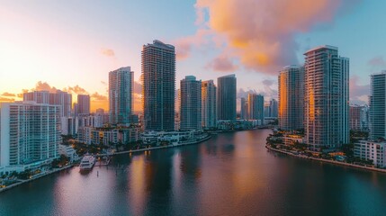 Fototapeta premium Aerial View of a City Skyline at Beautiful Sunrise