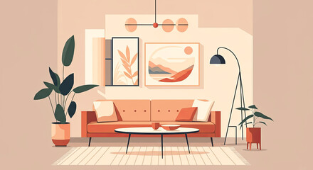 A stylish modern living space featuring a cozy sofa, artistic wall decor, and greenery