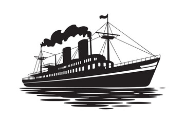 Classic Steamboat on Water – Black and White Maritime Illustration