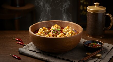 Serving of Dumplings in Broth with Chili Peppers and Chopsticks