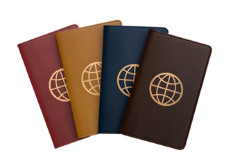 Four Colorful Leather Passport Covers with Global Symbol PNG Image and transparent background