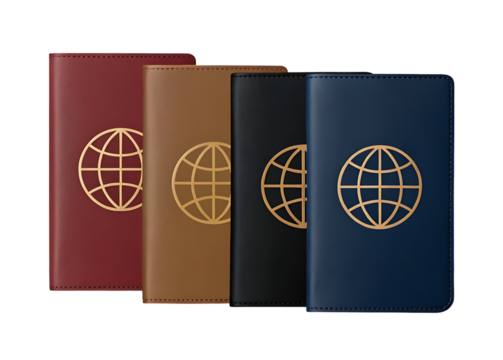 Four Leather Passport Covers with Global Symbol Design PNG Image and transparent background - Powered by Adobe