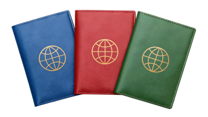 Three passports of different colors showcasing global travel. PNG Image and transparent background