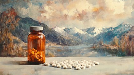 Buprenorphine tablets are displayed alongside a prescription bottle, set against a serene mountain backdrop. The scene conveys a clinical atmosphere while highlighting the medication