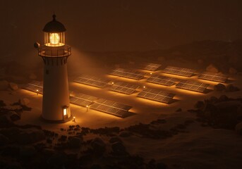 灯台と太陽光パネル 雪景色 黄昏時 暖色系