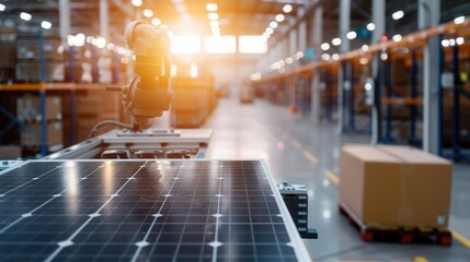 Robotic Arm Operates Solar Panel in Modern Warehouse Environment