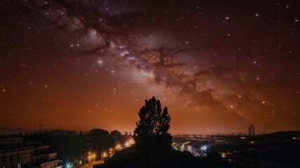 Vibrant night sky with Milky Way over cityscape and silhouetted tree