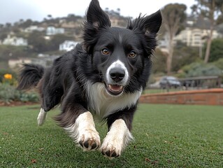 Fototapeta premium A black and white border collie dog joyfully runs across a grassy field
