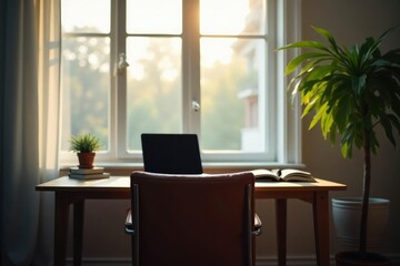 Empty chair at desk facing window, laptop closed , reflection, background, home office