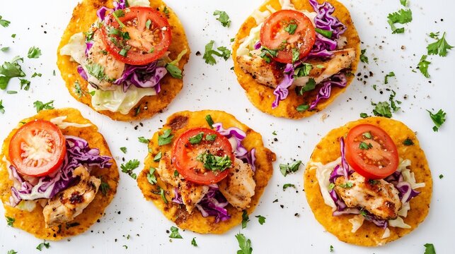 Top down view of salbutes chicken cabbage and tomato slices on fried masa rounds vibrant street food from Belize white background crispy and fresh textures cut out on isolated transparent background