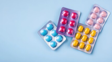 Colorful Capsules and Tablets in Blister Packs on Blue Background