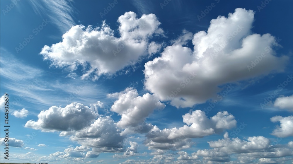 Poster fluffy white clouds drift lazily across a brilliant blue sky, creating a serene canvas of nature abo