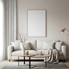 Frame mockup, ISO A paper size. Living room wall poster mockup. Interior mockup with house background. Modern interior design. 3D render 