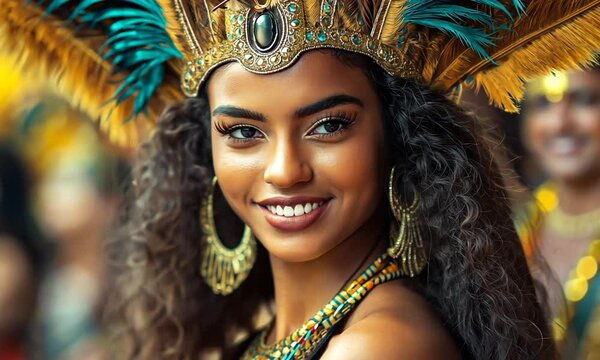 Smiling afro american woman in golden crown and jewelry with tribal makeup. Concept of cultural pride and beauty