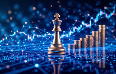 A golden chess king stands amidst a dynamic network of financial data, symbolizing strategic investment and market dominance.  Rising stacks of coins represent growth and success.