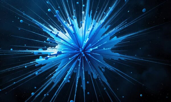 Burst of glowing blue energy particles on a black background with radial motion and digital blur. Concept of futuristic explosion or data burst