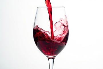 Crimson red wine poured, swirling in a glass against stark white , alcohol, splash, ruby