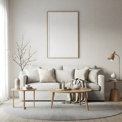 Frame mockup, ISO A paper size. Living room wall poster mockup. Interior mockup with house background. Modern interior design. 3D render 