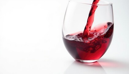 Rich red wine poured into glass, white backdrop, splash, wine tasting