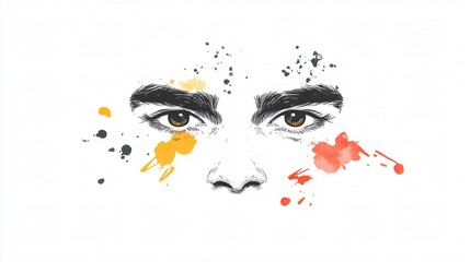 A free spirited watercolor face with multicolored splashes and loose ink strokes representing liberation and spontaneity