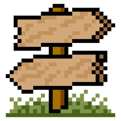 Wooden roadside arrow sign in pixel art style