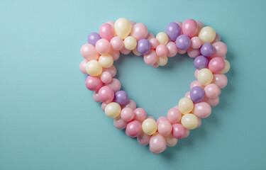 Obraz premium Pastel balloons arranged in a heart shape against a light blue background. A romantic and festive image, perfect for Valentine's Day or a celebration.