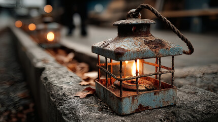 Rustic Lantern Glowing on Weathered Stone with Autumn Leaves Nearby