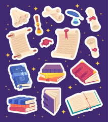 Cartoon Color Different Spell Magic Books and Scrolls Stickers Set Wizard Elements Concept Flat Design Style. Vector illustration