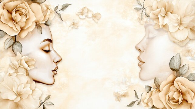 A reflective watercolor portrait with mirrored floral shapes and soft sepia tones illustrating self reflection and memory