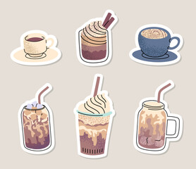 Cartoon Color Different Hot and Cold Coffee Beverage Stickers Set with Line Art Elements. Vector illustration of Americano, Cappuccino and Latte