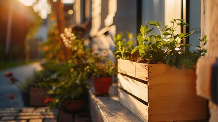 Wooden Planter Box with Fresh Herbs and Beautiful Garden Setting