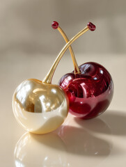 Elegant 3D Render of Golden and Ruby Red Glass Cherries with Glossy Finish