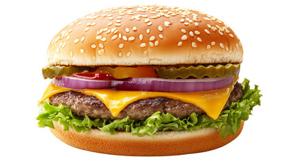 Delicious Cheeseburger on White Table for Restaurant Menu Design