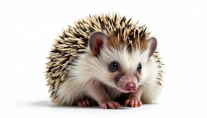 Obraz premium Tiny hedgehog curled in a ball, isolated on pure white background, creature, white