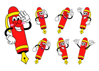 Cartoon Set of Fountain Pen Character in Retro Style