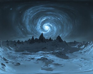 Swirling nebula above a stark, snow-covered mountain range