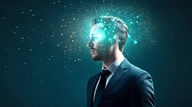 Innovative businessman experiencing glowing energy particles radiating from mind, symbolizing creative potential and intellectual breakthrough in mysterious dark environment