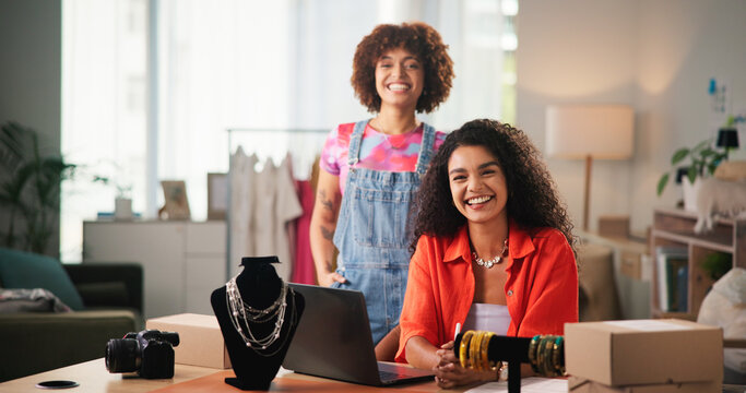 Fashion, smile and women with support, portrait and jewelry with ecommerce, confidence and cooperation. Face, people and entrepreneur in boutique store, laptop and teamwork with designers and pride - Powered by Adobe