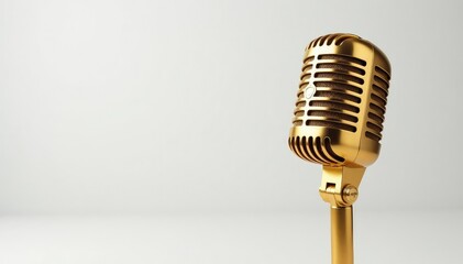 Close-up of gold microphone on white background, headset, vintage