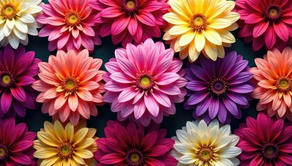 Intricate dahlia blooms, vibrant colors, repeating pattern, bloom, summer