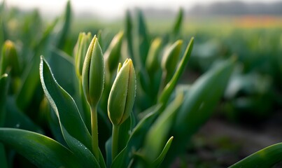 Obraz premium tulip buds tightly closed in a vibrant field, surrounded by dew-covered leaves, Generative AI