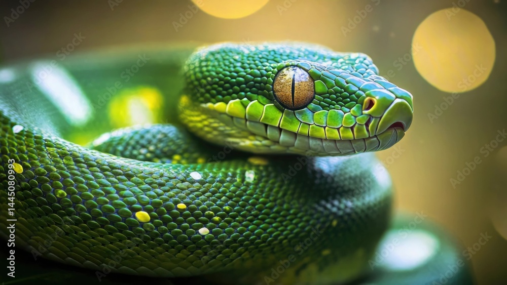 Poster A close-up shot of a green snake sitting on a plate, ready for capture or display