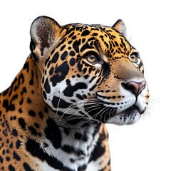 Obraz premium Close-up of a jaguar's head and shoulders against a white background, showcasing its spotted coat and intense gaze