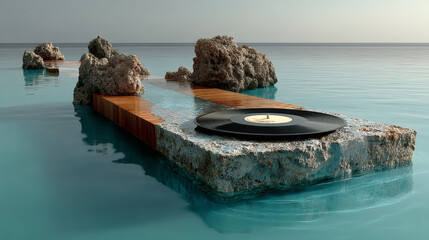 Serene Vinyl Record on Rocky Platform in Calm Blue Waters Landscape