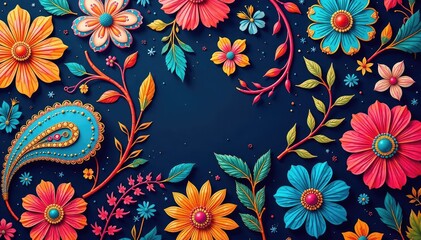 Intricate paisley floral pattern in vibrant hues, material, design