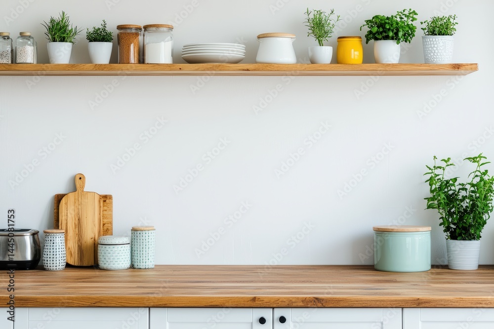Poster modern kitchen counter featuring empty wooden table and shelf with aromatic herbs