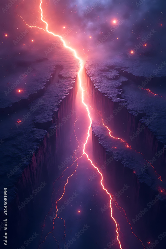Wall mural surreal cosmic rift scene with glowing core and orbiting asteroids, background fades into deep space