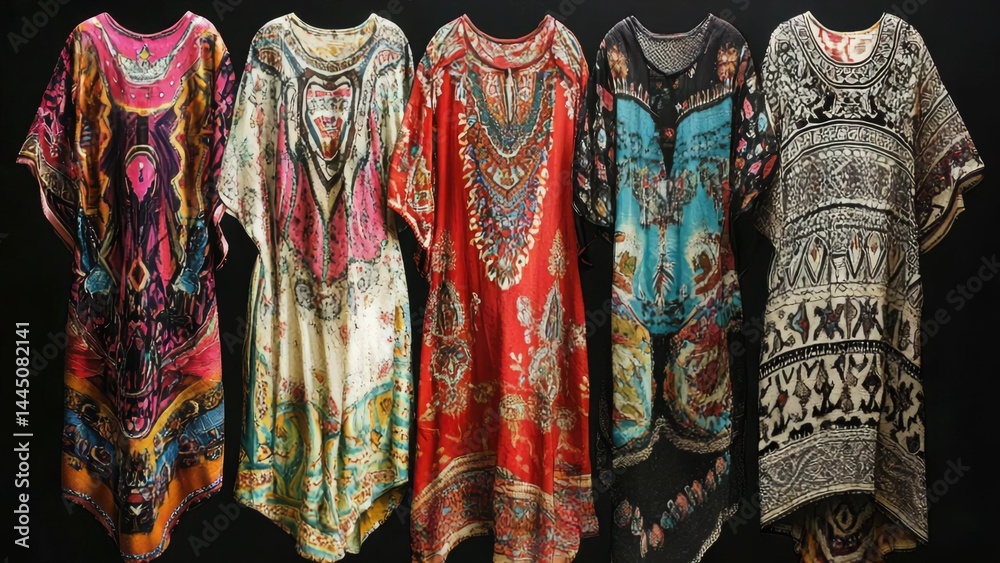 Poster a row of dresses hanging on a rack, various styles and colors