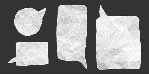 Speech bubbles made of crumpled paper, isolated for layout use. Dotted halftone texture with rough notebook edges and gritty visual effect, irregular text box.